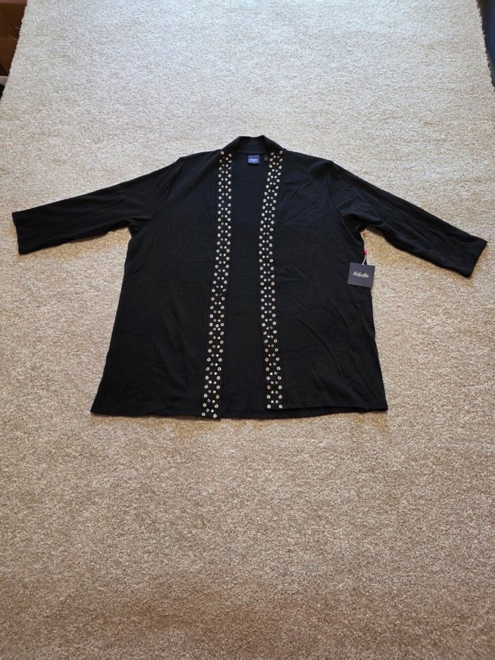 Rafaella Essentials Black Grommet Open Front Cardigan Sweater Plus Size 1X